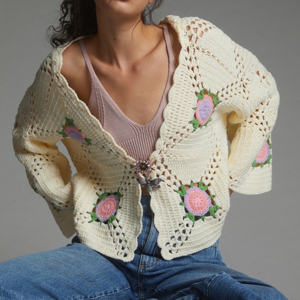 Anthropologie Cream Crochet Cardigan with Pink Rose Appliqués